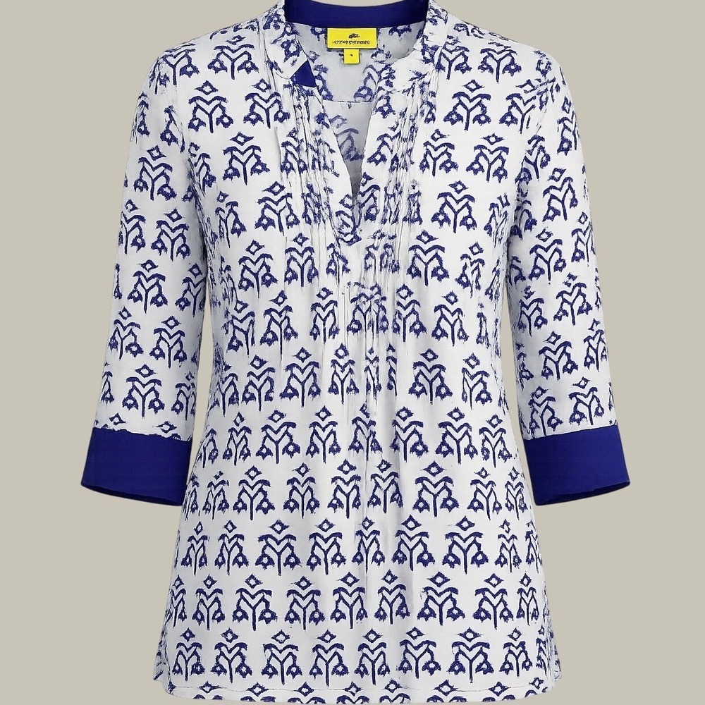 Roberta Roller Rabbit Cotton Tunic Top Blue Block Print Boho Beach Resort M